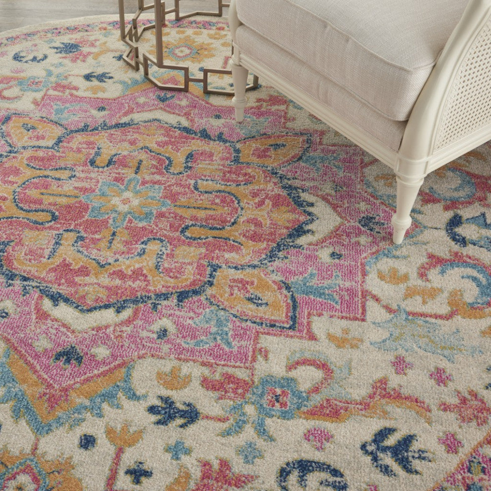 8' Pink And Ivory Round Southwestern Dhurrie Area Rug