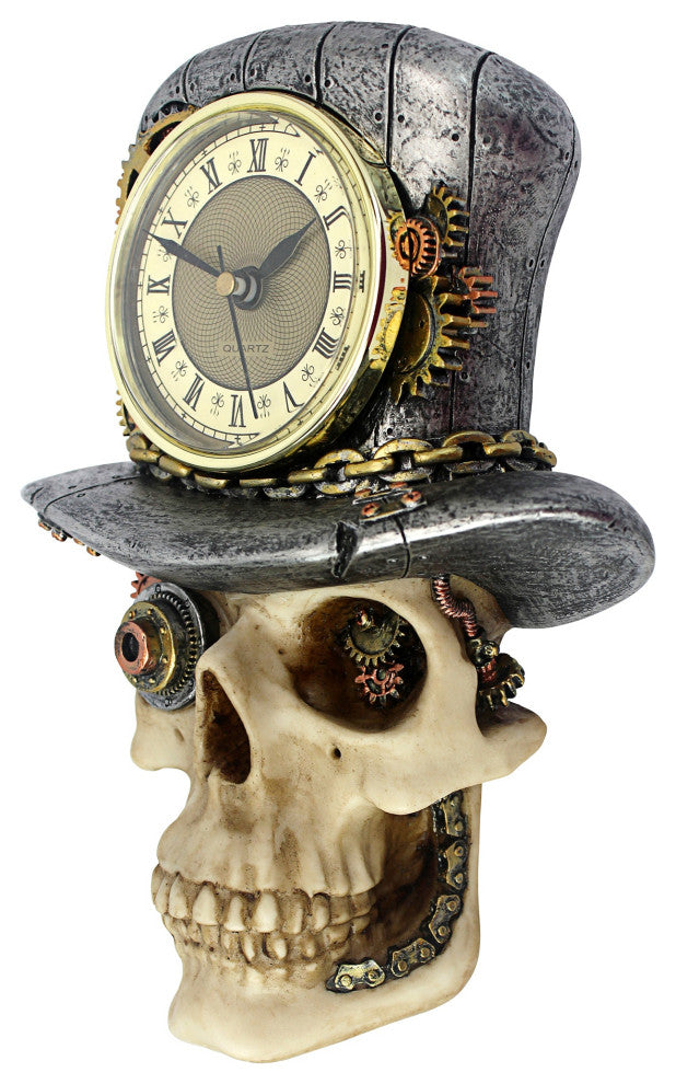 Steampunk Mad Hatter Skull Sculptural Wall Clock