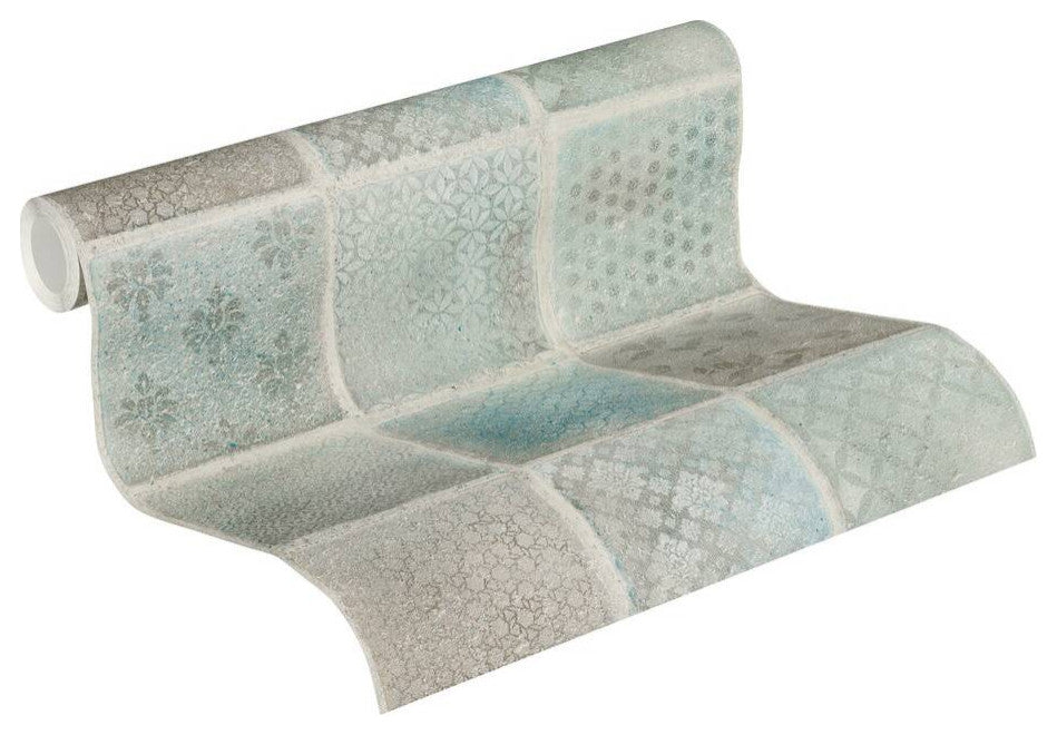 Textured Wallpaper, Flower Ornaments, Blue Green Gray Silver, 1 Roll