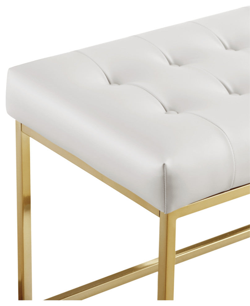 48" White and Gold Upholstered Faux Leather Bench