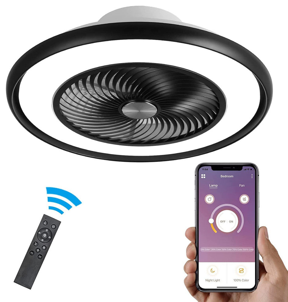 22" Modern Black and White Invisible Blade Ceiling Fan and Light