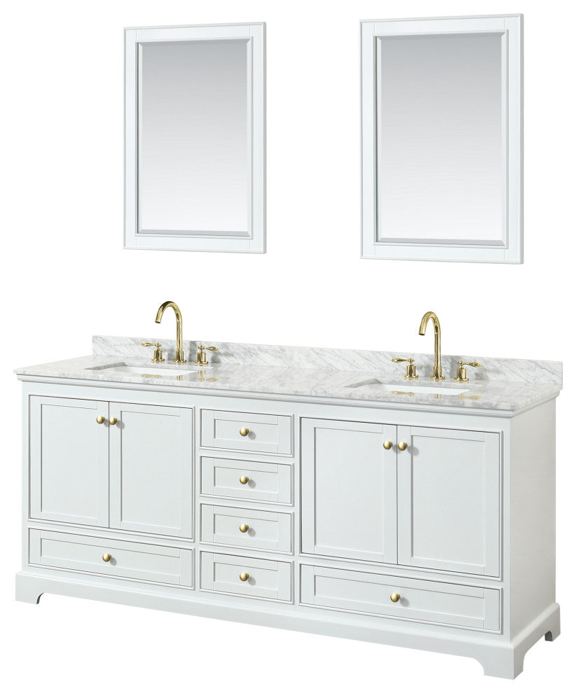 80"DBL Bath Vanity White, Carrara Countertop, Sinks, Gold Trim, 24" Mirrors