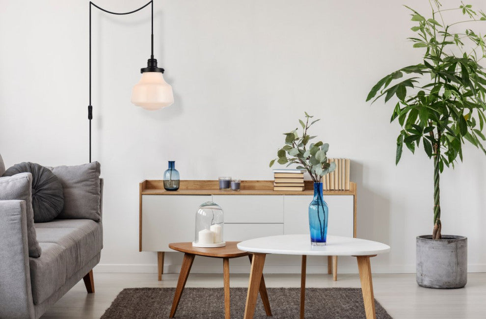 Leighton 1-Light Black and frosted White Glass Plug-In Pendant