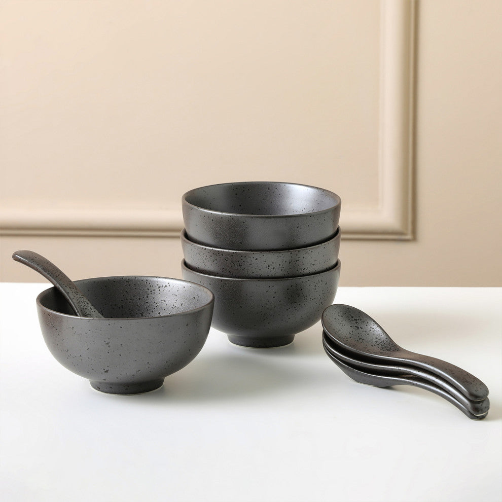 8-Piece Stone Lain Valencia Porcelain Serving Bowl and Spoon Set, Metallic Gray