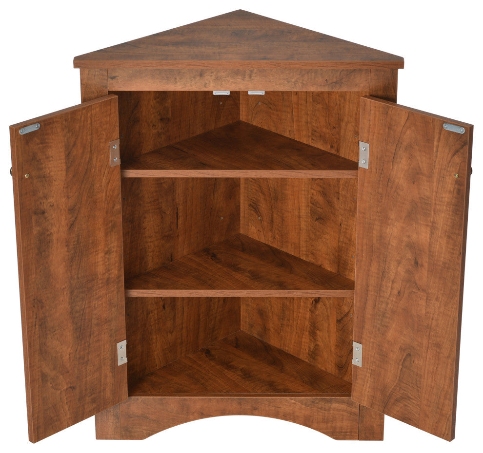 32" Wood 2-door Bath Corner Cabinet, Adjustable Shelves, Brown