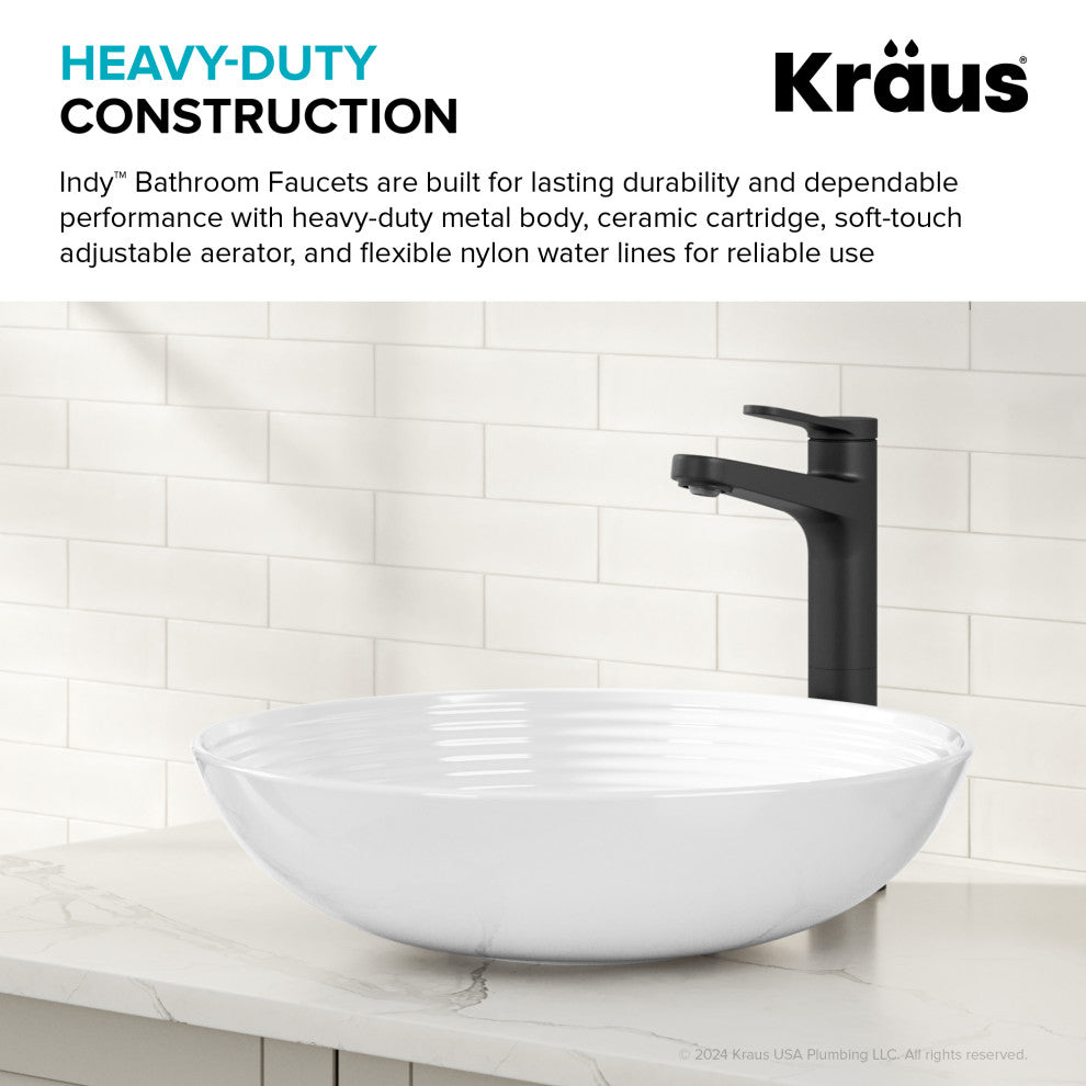 KRAUS Indy Single Handle Vessel Bathroom Faucet Matte Black, Pop Up Drain