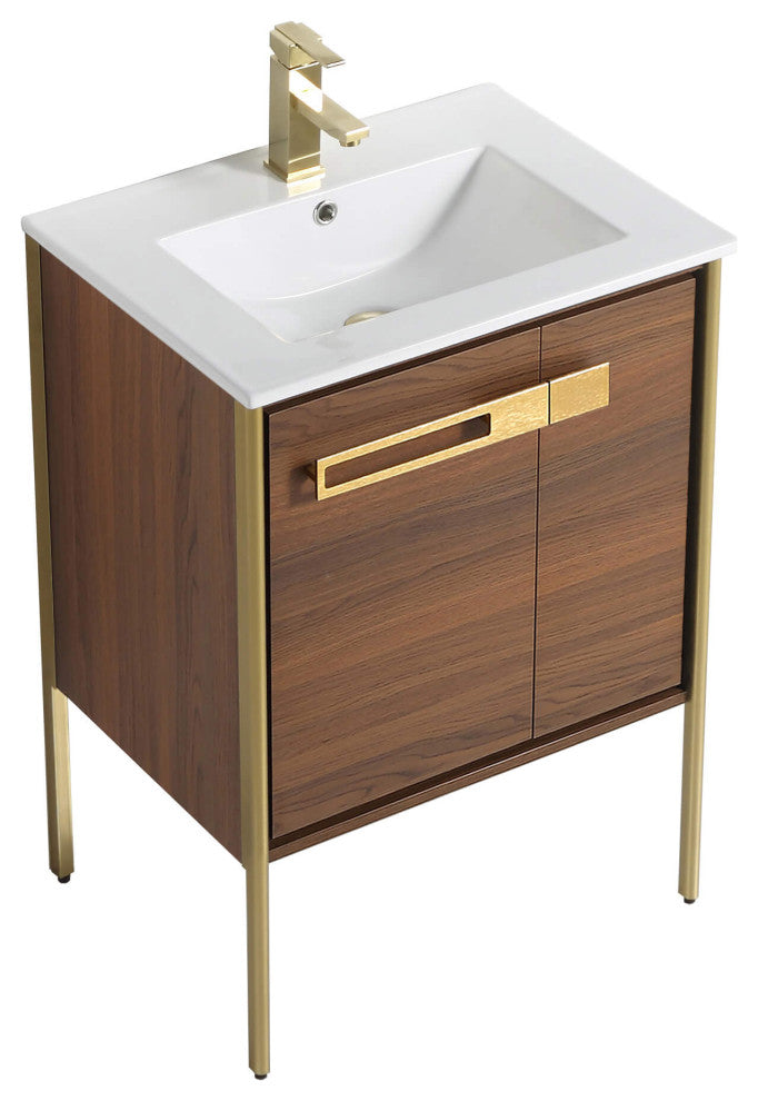 Oakville Bath Vanity, Ceramic Sink, Walnut Ebony, 24 Inch, Satin Brass Hardware
