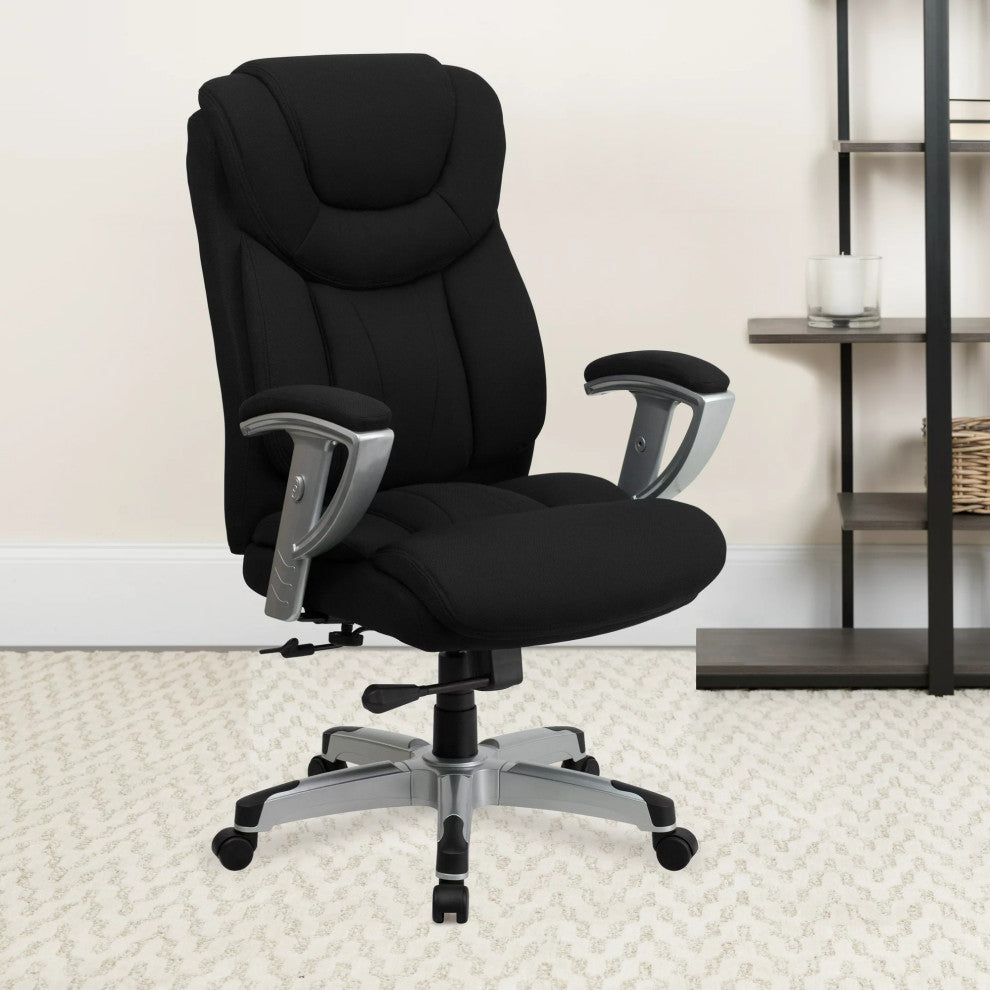 Plush Office Chair, Padded Back With Lumbar Support & Headrest, Black Fabric