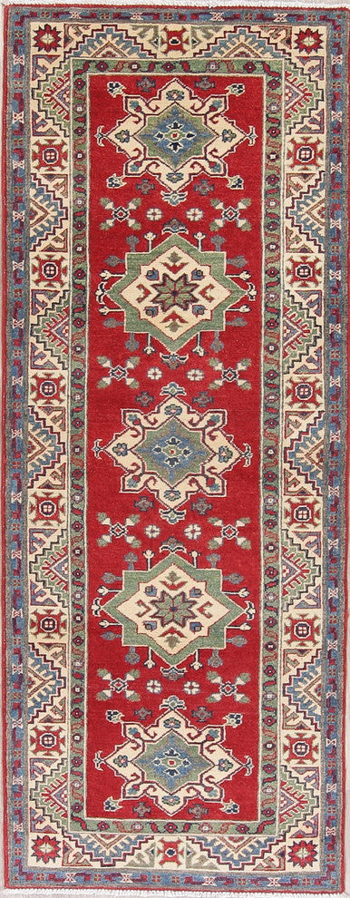 Hand Made Kazak Oriental Pakistani Traditional Runner Wool Rug, Red, 7'4"X2'10"