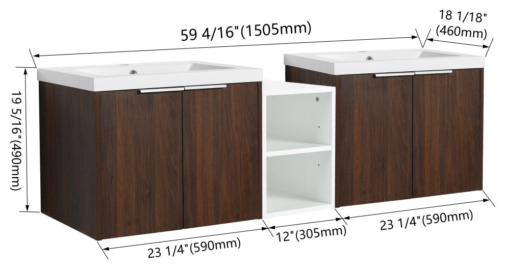 BNK Wall-Mounted Bathroom Cabinet Set with Soft-Close Doors, California Walnut, 60inch