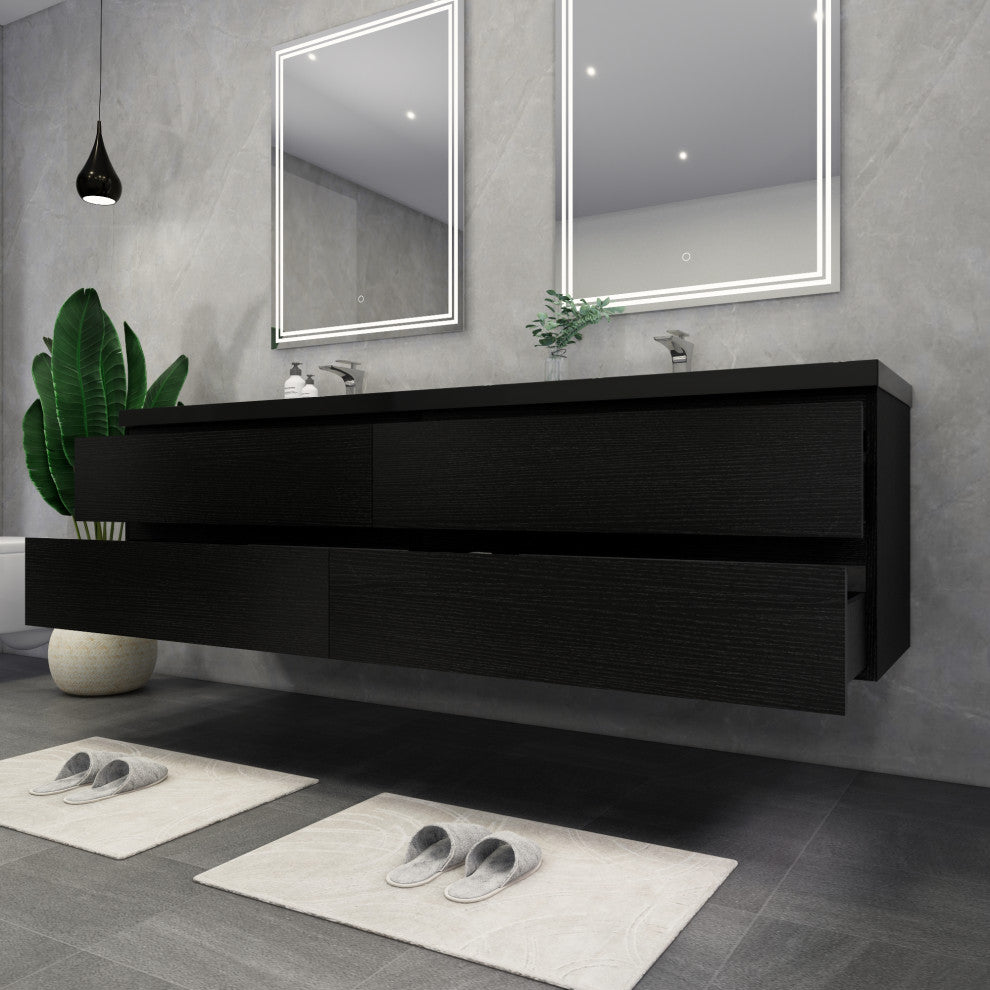 Belli 84" Double Sink Wall Mount Vanity Set, Rich Black Oak, Black Top