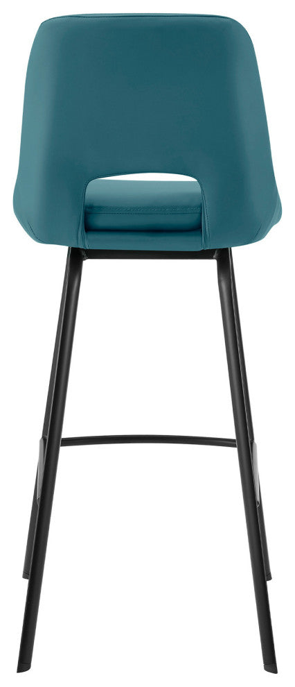26" Elegant Blue Faux Leather and Black Metal Armless Swivel Counter Stool