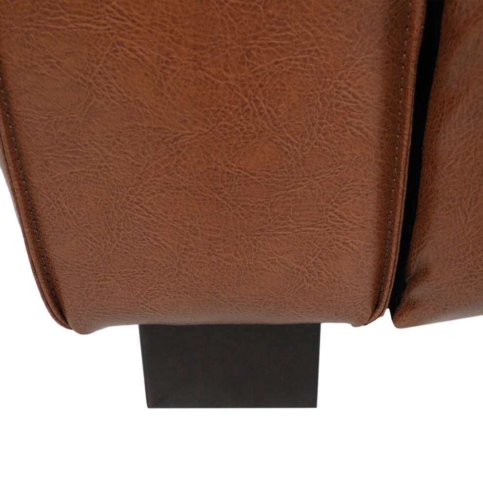 Minkler Contemporary Faux Leather 3 Seater Sofa With Chaise Lounge, Cognac/Dark Walnut