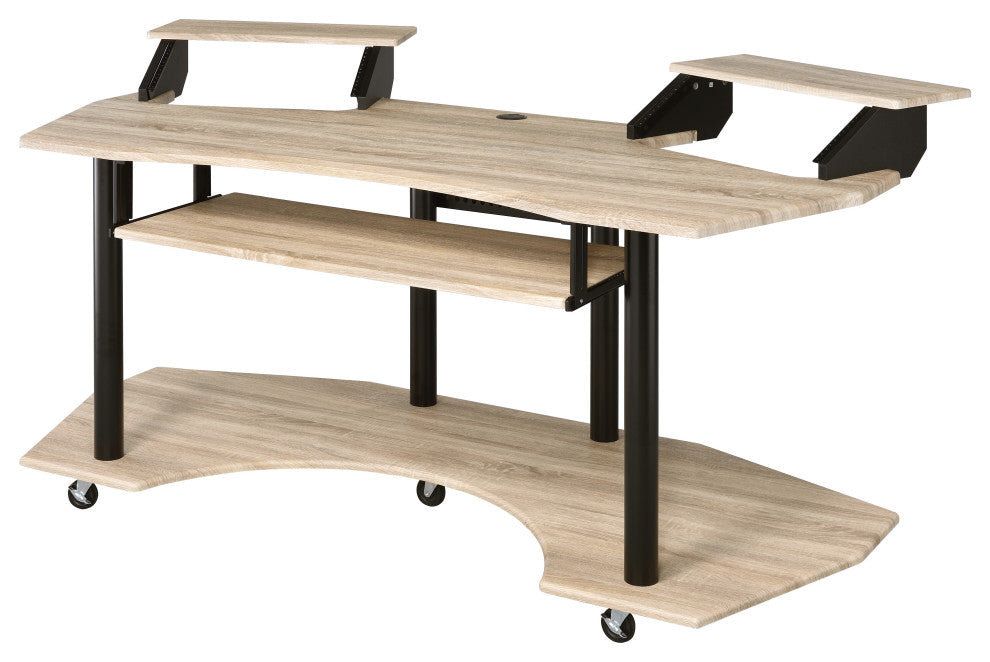 Eleazar 71" Music Studio Desk, Natural Oak, 2 Speaker Stands