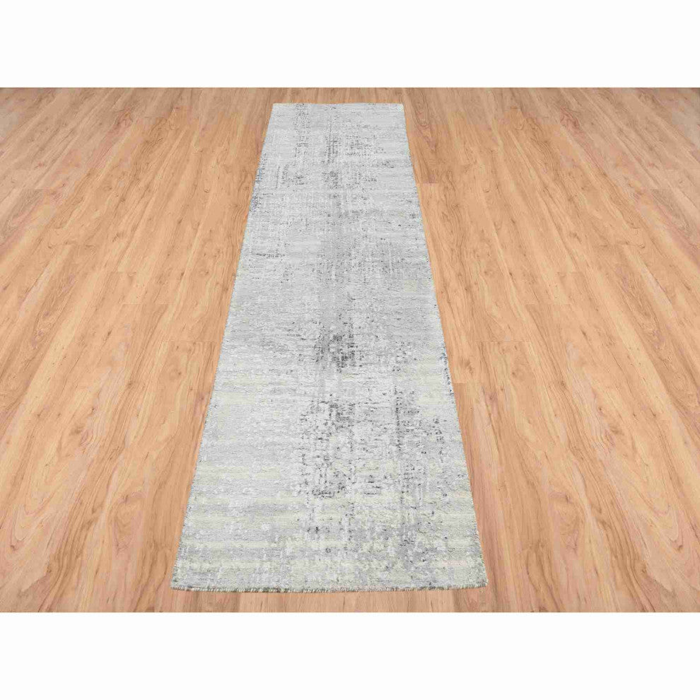 Gray Modern Hand Spun Undyed Natural Wool Hand Knotted Runner Rug, 2'6"x10'1"
