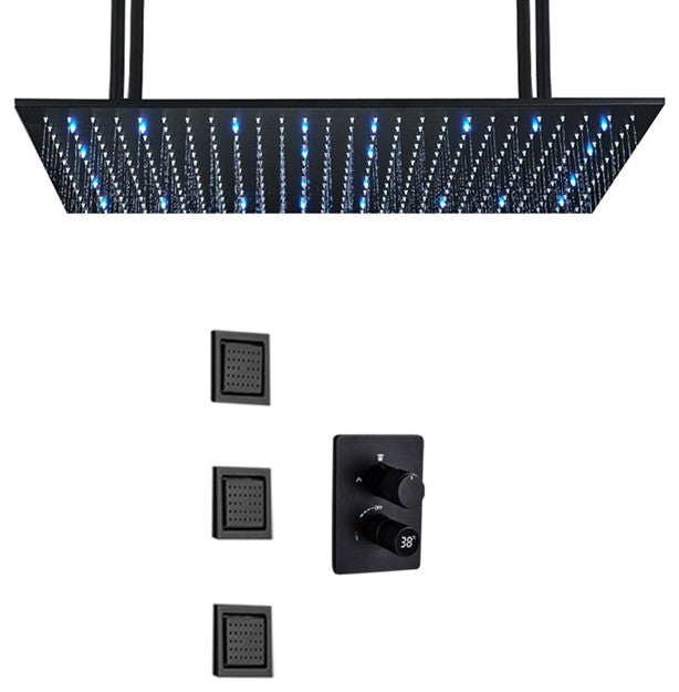 Tortona 20*40" Matte Black LED Digital Rainfall Shower System With 3 Body Jets
