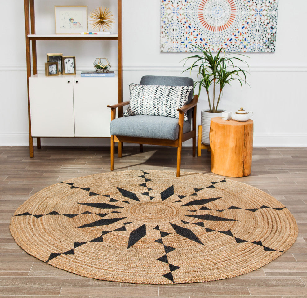 Jute Round Tribal Line Black Print, 4' Round