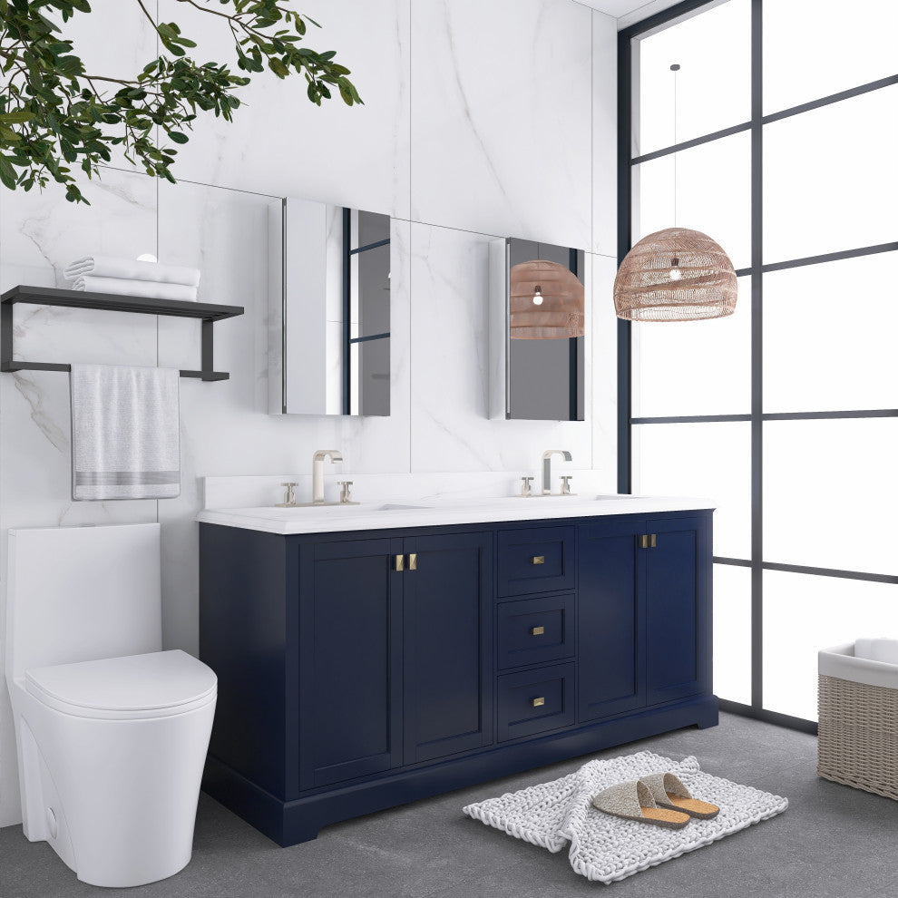60/72" Plywood Freestanding Bath Vanity Set, Drawer and Ceramic Sink, Navy Blue, 72 Inch