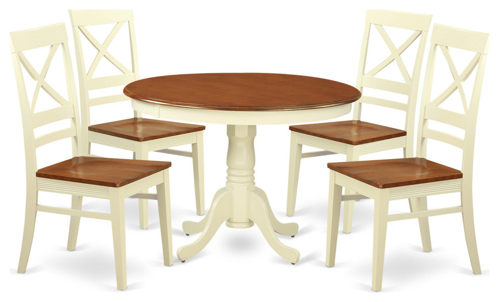 5 Pc Set, Round Table And 4 Leather Kitchen Chairs In Buttermilk And Cherry