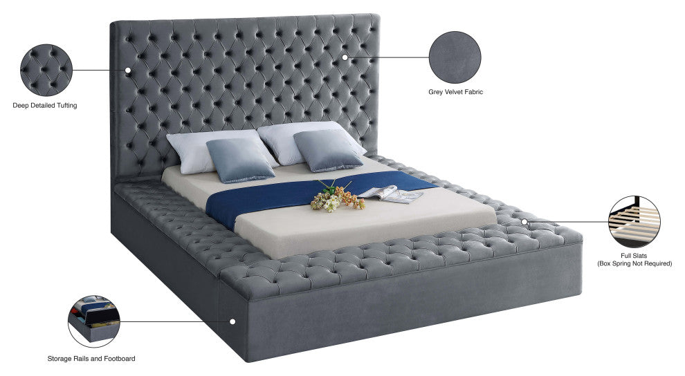 Bliss Velvet Upholstered  Bed, Gray, Full