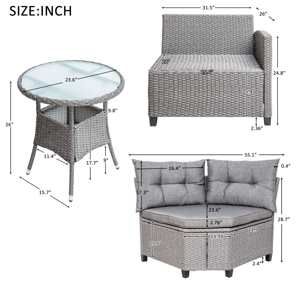 4 Pieces Outdoor Rattan Patio Sectional Sofa Set With Round Table