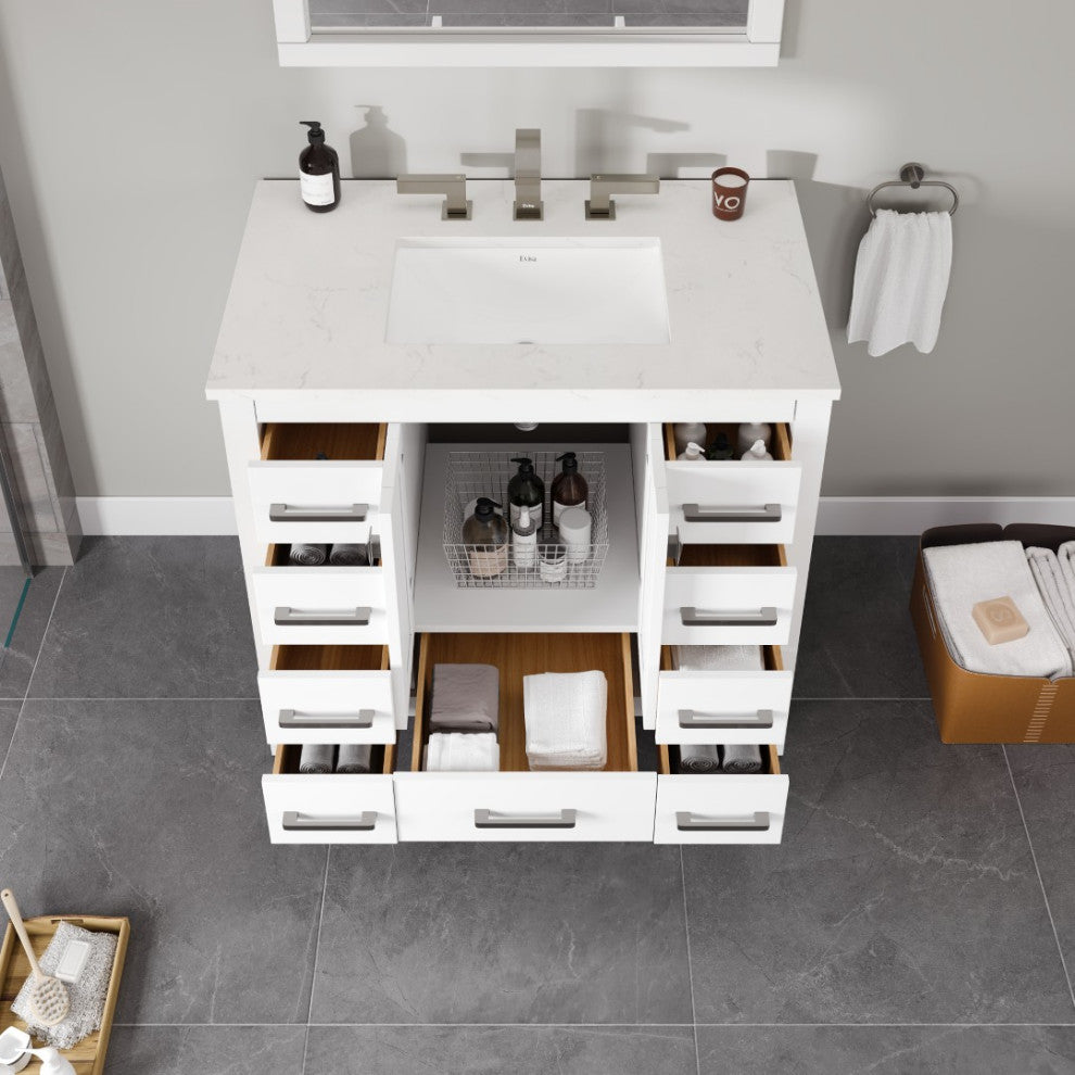 Eviva Hampton 36"W White Bathroom Vanity With White Carrara Quartz Countertop
