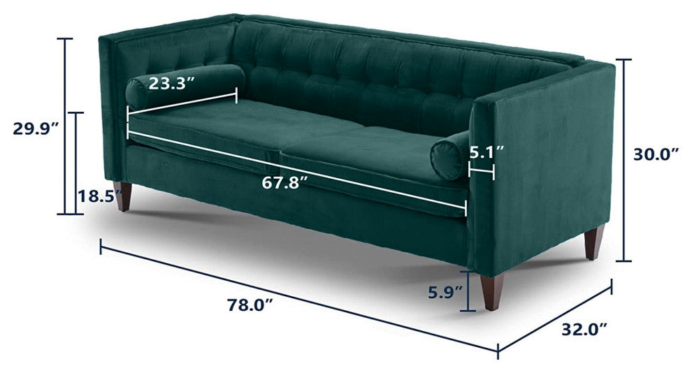 Teal Velvet Upholstered Sofa With Bolster Pillows