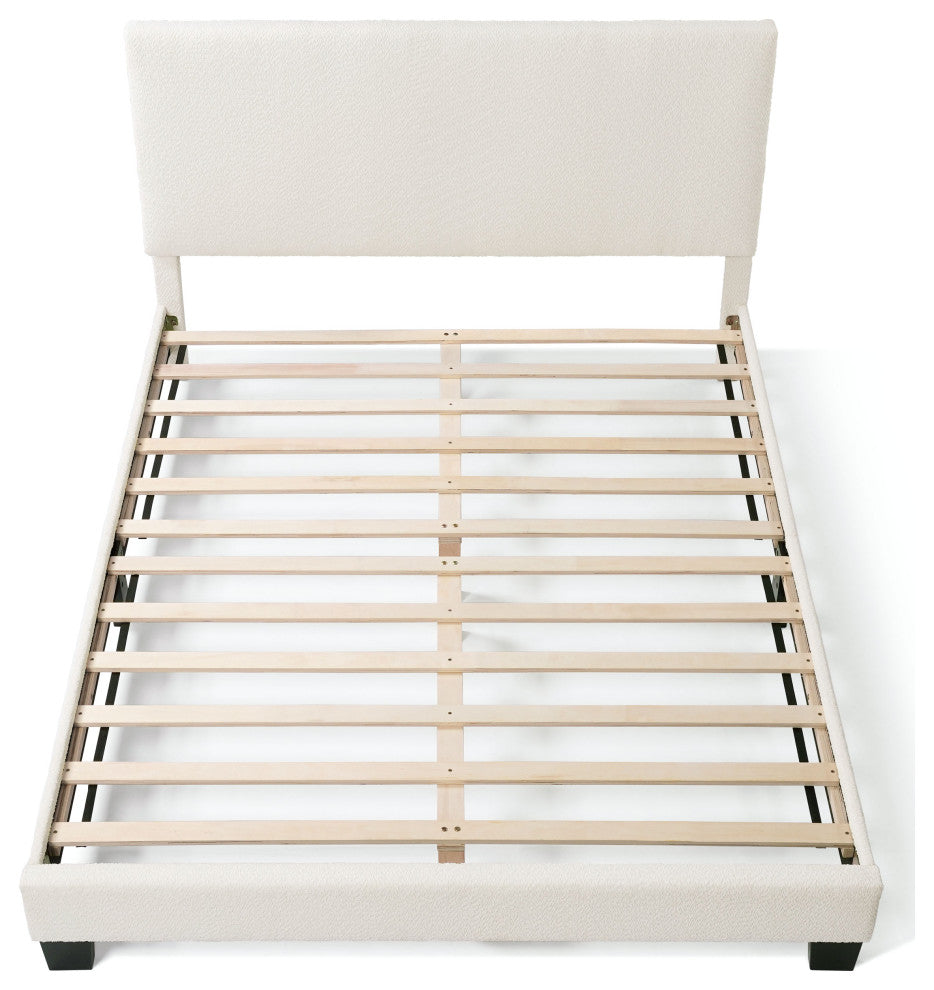 Miles White Boucle Upholstered Wood Frame Platform Bed, Queen, Simple Standard