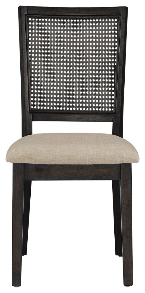 Arbor Hill Beige Linen Rattan Back Dining Chairs, Set of 2, Antique Black