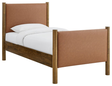 Maven Twin Size Vegan Leather Upholstered Platform Bed, Tan Walnut