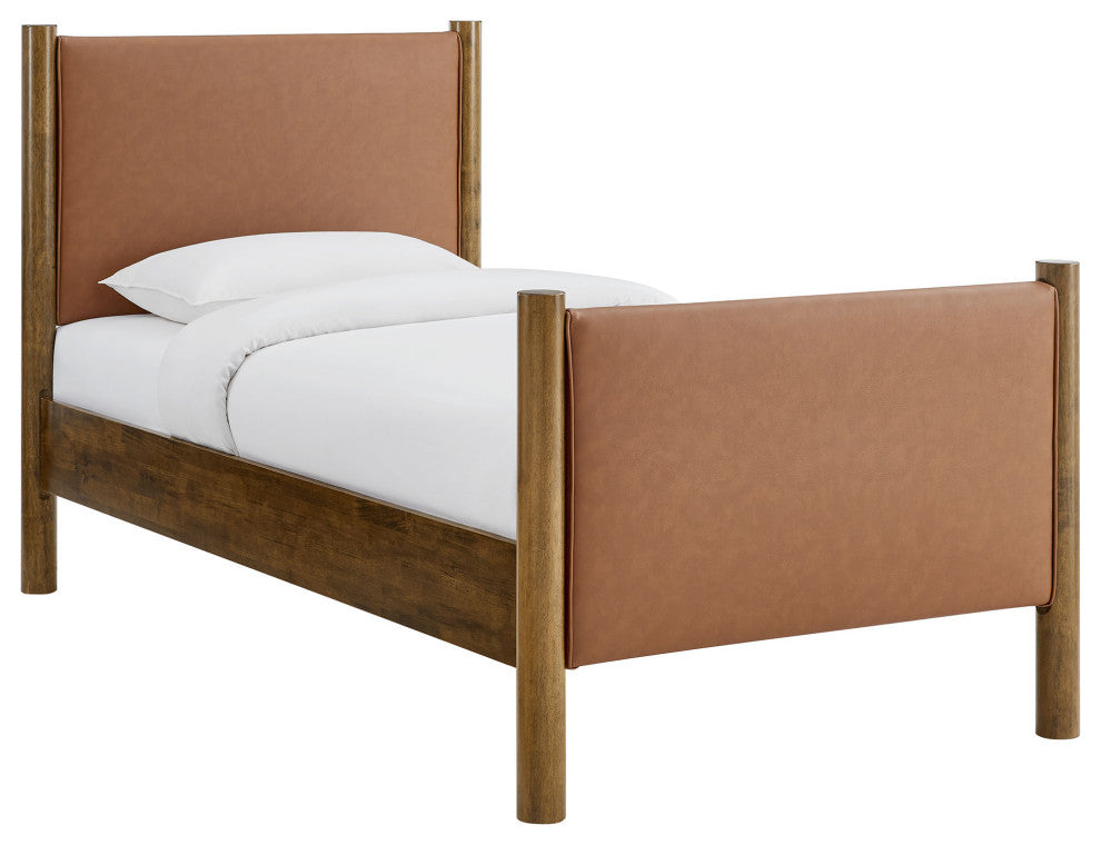Maven Twin Size Vegan Leather Upholstered Platform Bed, Tan Walnut