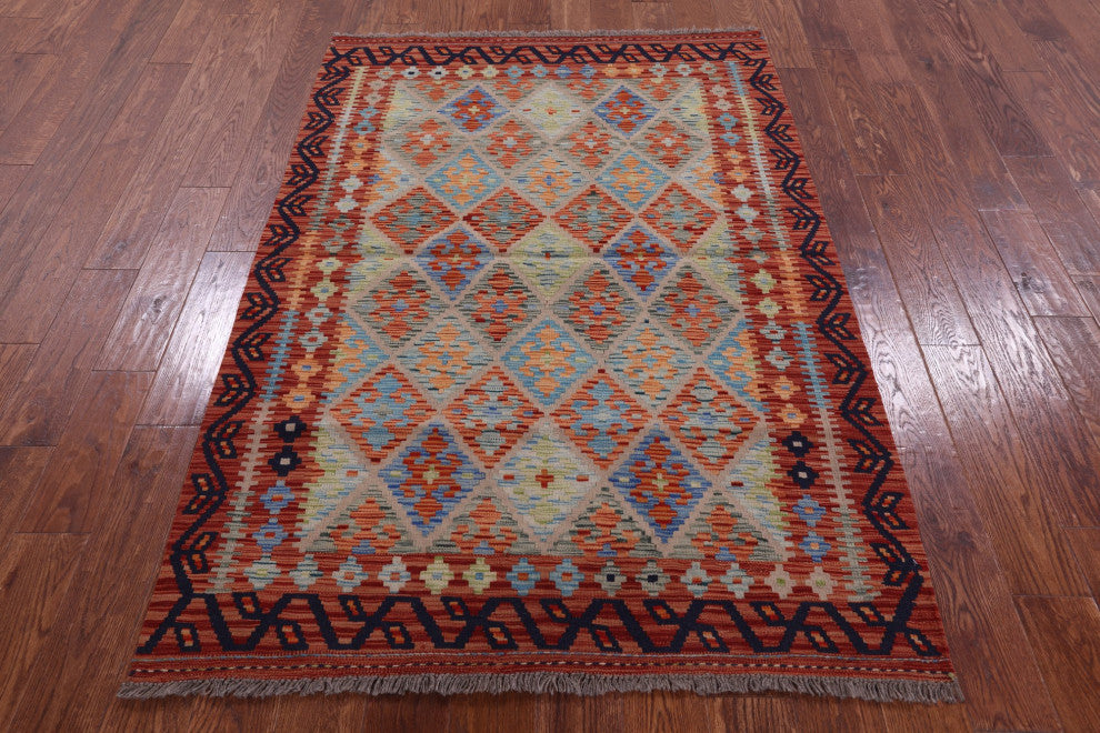 4' 3" X 6' 1" Reversible Flat Weave Kilim Wool On Wool Rug Q9486