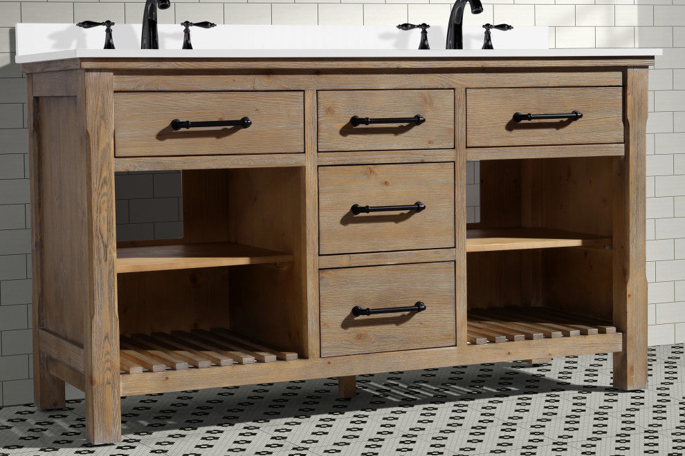 Lauren 60" Bathroom Vanity, Weathered Fir Finish, White Engineered Stone Counter