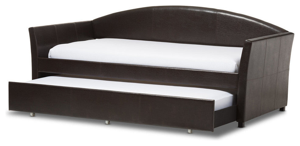 London Faux Leather Arched Back Sofa Twin Daybed With Trundle Bed, Brown