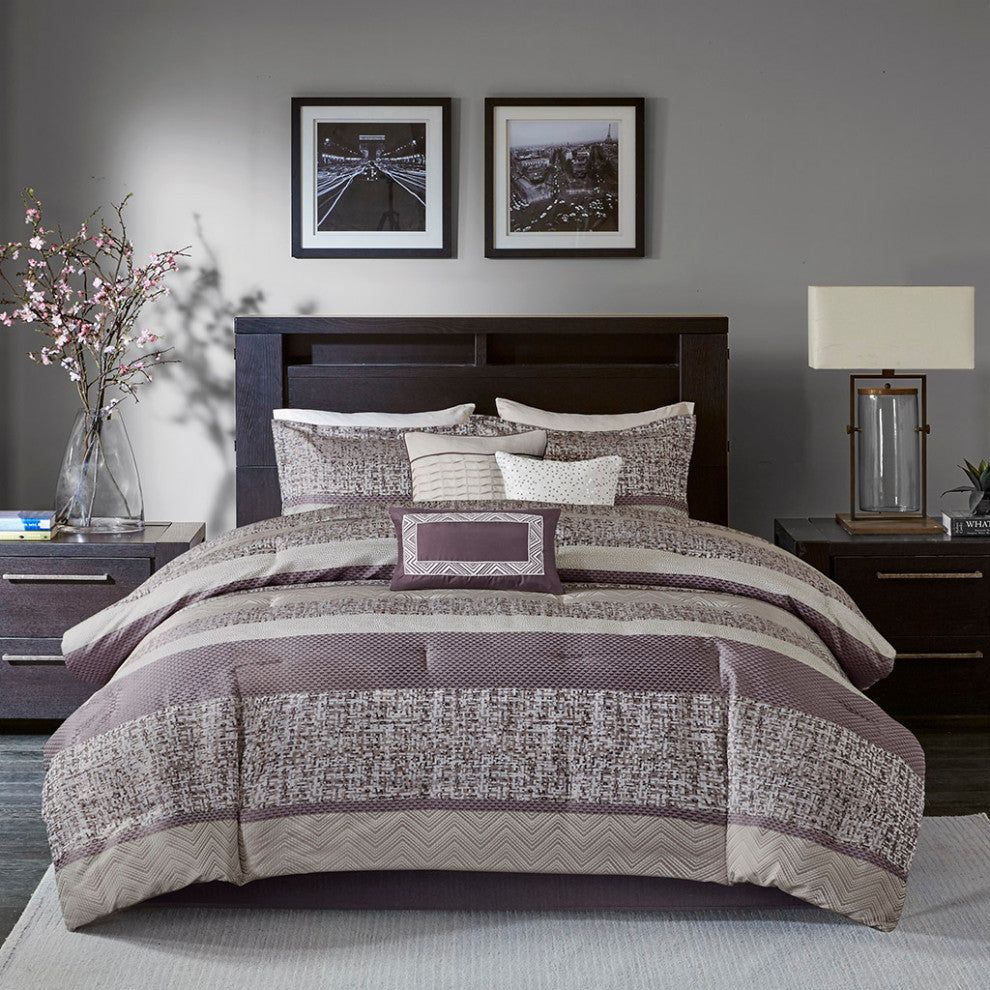 Madison Park Rhapsody Jacquard Stripe Mosaic 7-Piece Comforter Set, Purple