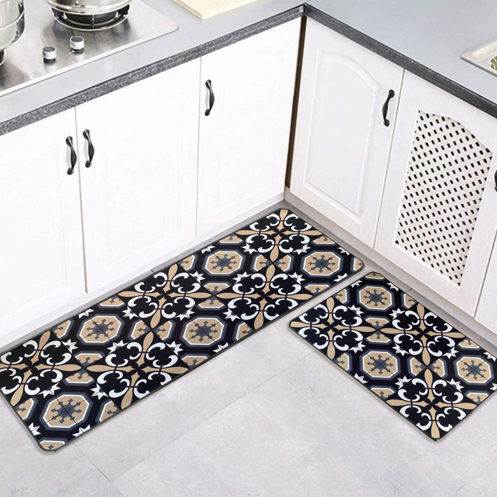 Carmen Printed Kitchen Runner Mat 47" x 20" Black and Beige Tile Design