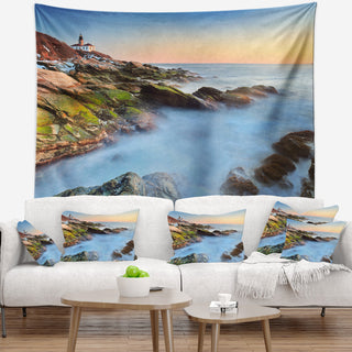 Beavertail Lighthouse During Winter Beach Photo Wall Tapestry, 60"x50"