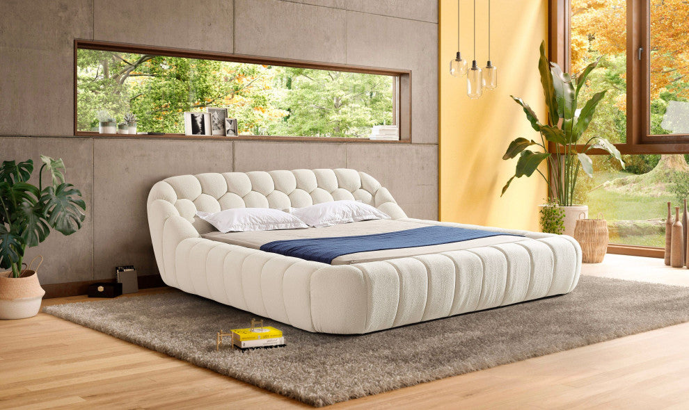 Yolonda Modern Off-White Fabric Bed, Queen