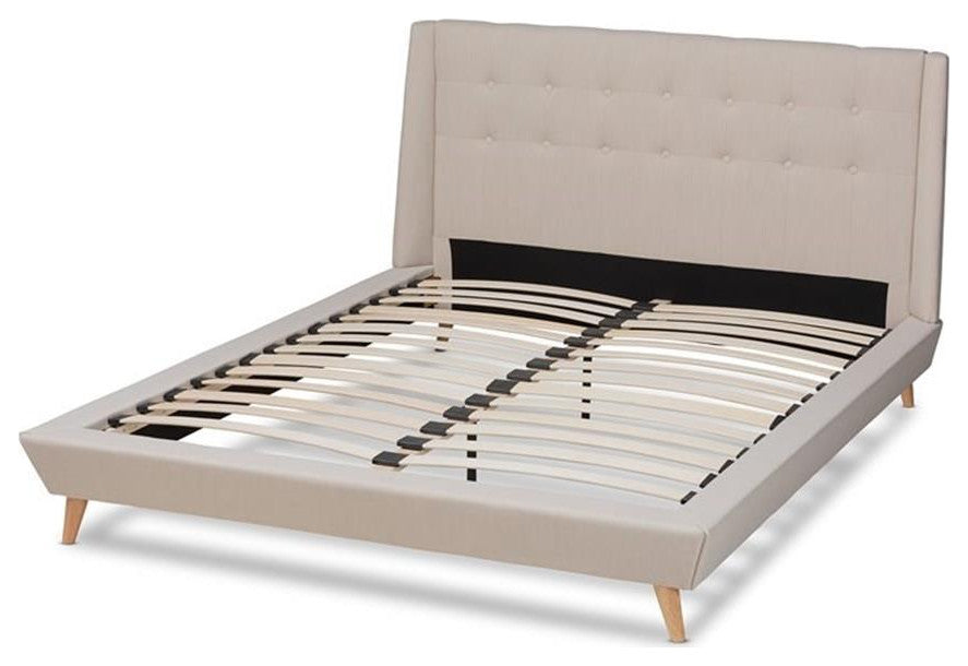 Naya Mid-Century Modern Beige Fabric Upholstered King Size Wingback Platform Bed