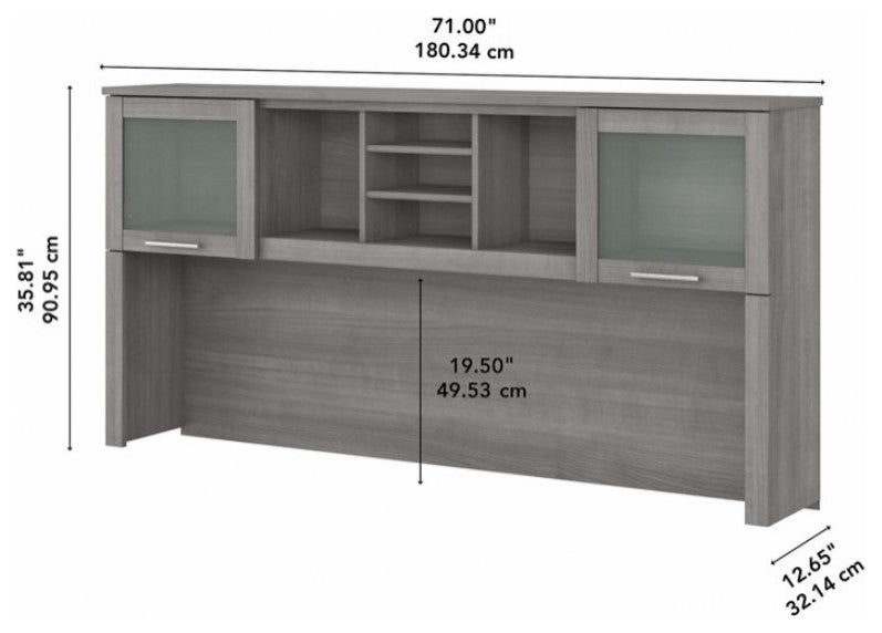 Modern Hutch, Open Shelves & Cabinets With Frosted Glass Doors, Platinum Gray