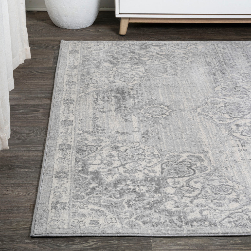 Modern Persian Vintage Moroccan Medallion Area Rug, Light Gray, 3x5