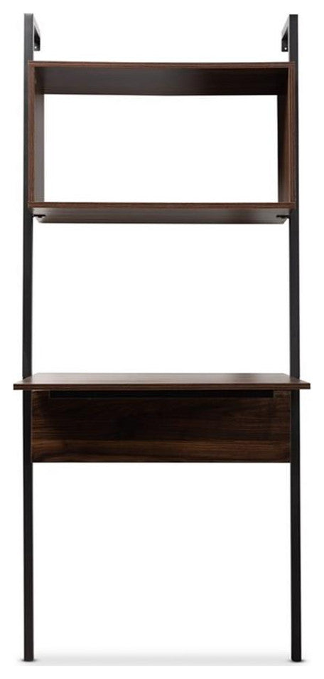 Fariat Modern Walnut Brown Finished Wood and Black Metal Display Shelf With Desk