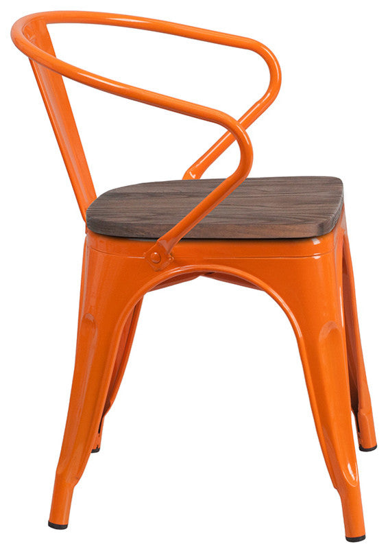 Orange Metal Chair with Wood Seat and Arms