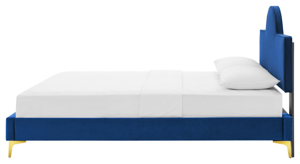 Platform Bed Frame, King Size, Blue Navy, Velvet, Modern, Bedroom Guest Suite