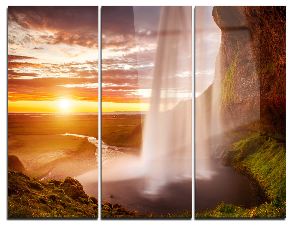 "Seljalandsfoss Waterfall at Sunset" Photo Metal Wall Art, 3 Panels, 36"x28"