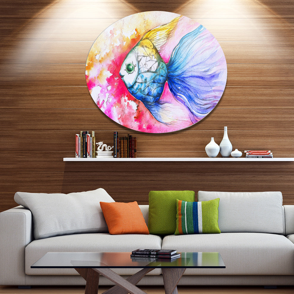 Blue Fish On Red Background, Animal Disc Metal Wall Art, 23"