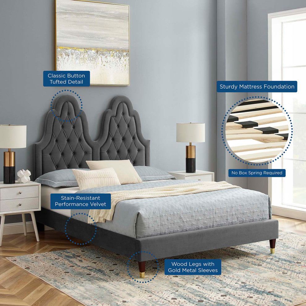 Tufted Platform Bed Frame, King Size, Velvet, Gray, Modern Contemporary