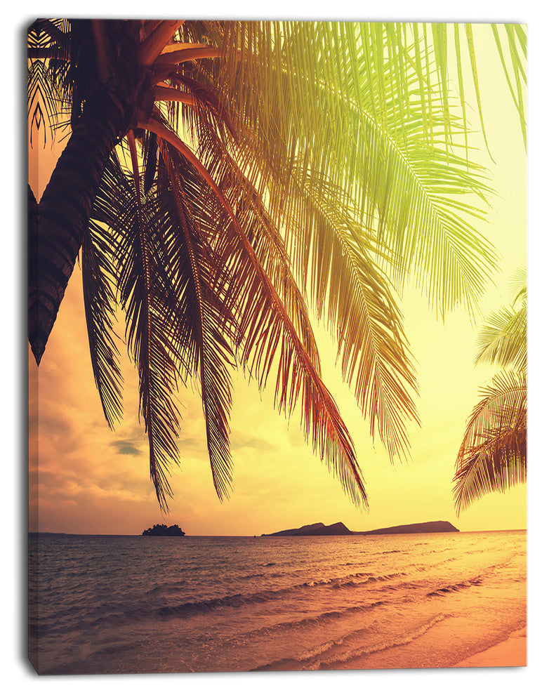 Tropical Beach with Green Palm, Large Seashore Canvas Print, 12"x20"