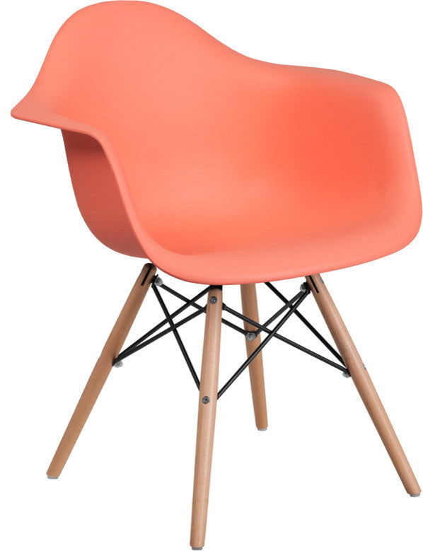Modern Peach Plastic Chair With Wood Base