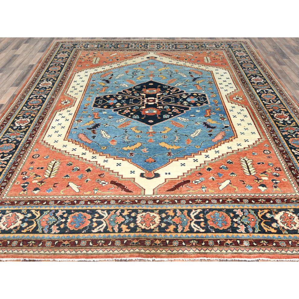 Light Blue Soft Wool Hand Knotted Serapi Heriz Design Rug, 9'0"x11'10"